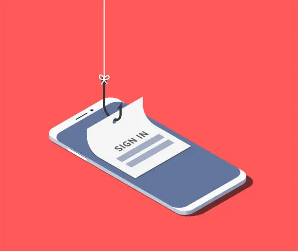 Vector illustration of Sign-in form on fishing hook on the screen of a smartphone. Scam and phishing concept. Vector isometric illustration