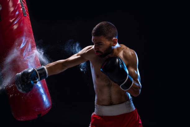 istock Bearded male boxer training with punching bag on black background. Male boxer as exercise for the big fight 1018939490