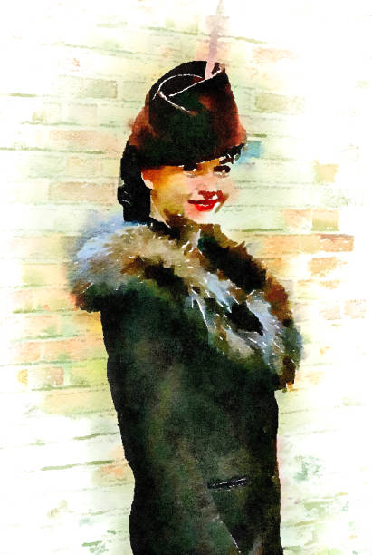 Watercolour portrait painting of woman in 1940s fashion Watercolour painting of attractive woman in 1940s fashion. Portrait showing outdoor fashion of the era, fur collar coat and hat. Brick wall and white background. 1940s style stock illustrations
