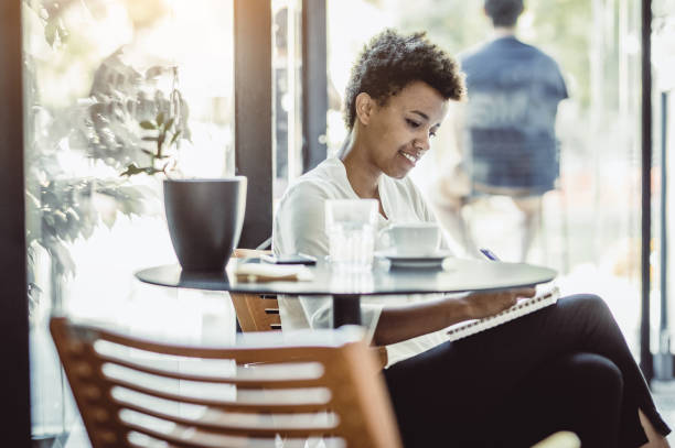 istock Young Businesswoman at a cafeteria taking notes 1018943180