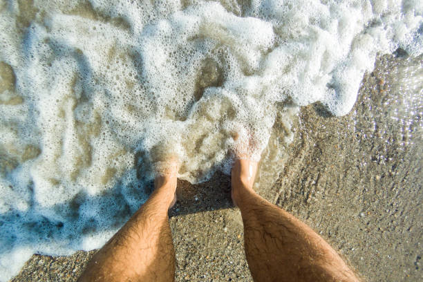 istock Selfie of man bare feet on sand beach and wave, summer concept 1018948222