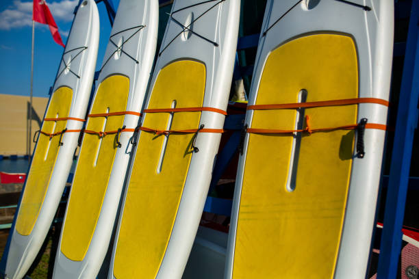 istock Yellow and white surfboards stand on the beach 1018950686