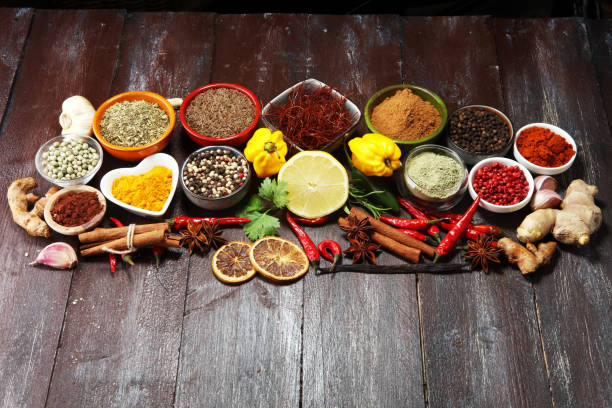 istock Spices and herbs on table. Food and cuisine ingredients. 1018969706