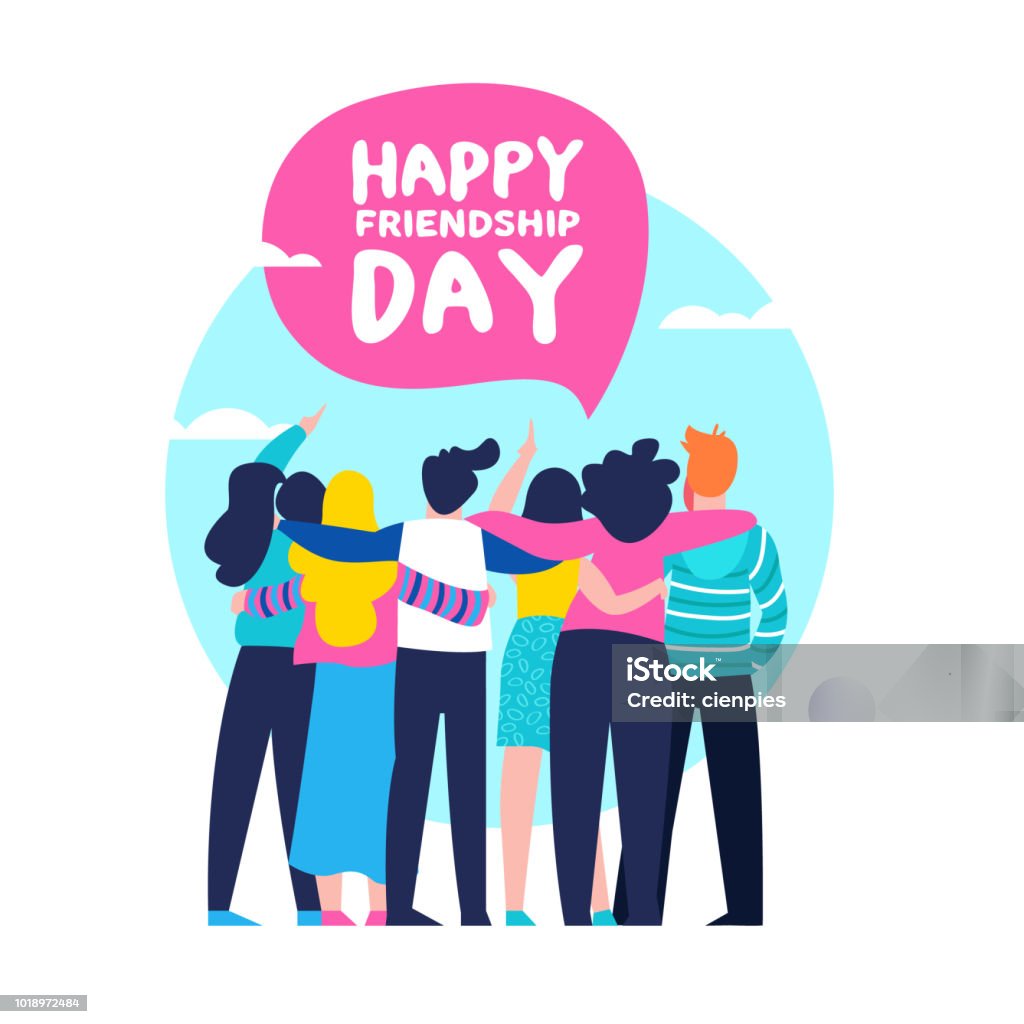 Happy Friendship day card of friend group team hug Happy friendship day greeting card with diverse friend group of people hugging together for special event celebration. EPS10 vector. Friendship stock vector