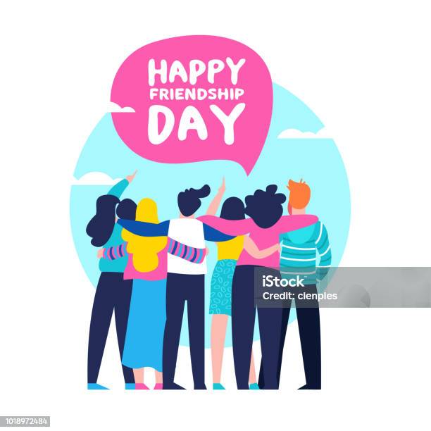 Happy Friendship Day Card Of Friend Group Team Hug Stock Illustration - Download Image Now - Friendship, Day, Happiness