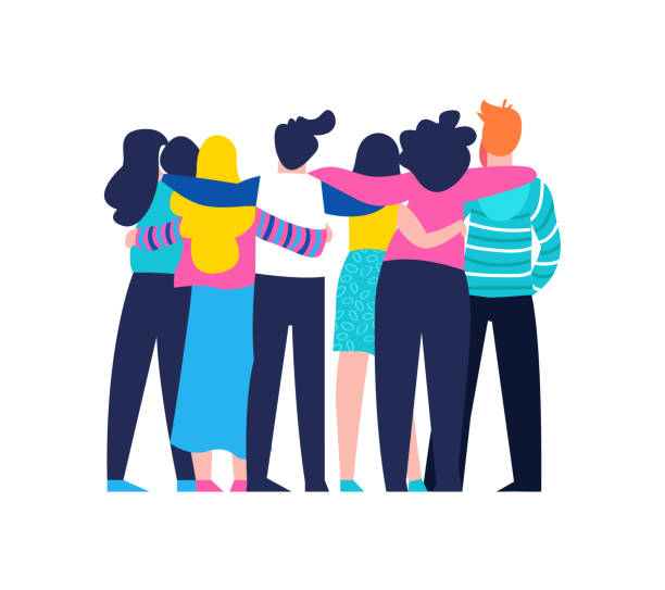 Friend group hug of diverse people isolated Diverse friend group of people hugging together for special event celebration. Girls and boys team hug on isolated background with copy space. EPS10 vector. family happiness stock illustrations