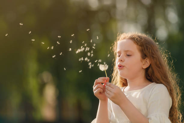 istock Cute curly girl blowing dandelion in sunset light. 1018975994
