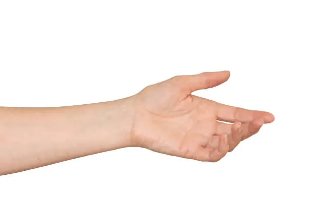 Photo of Caucasian woman's hand in outstretched helpful caring gesture. Isolated.