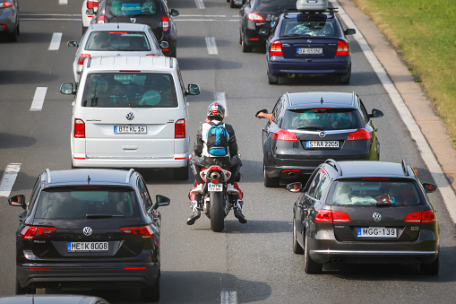 Zagreb, Croatia - August 11th, 2018 : Big traffic jam due to the large number of tourists going to the sea coast of Croatia in the Lucko highway toll in Zagreb, Croatia.