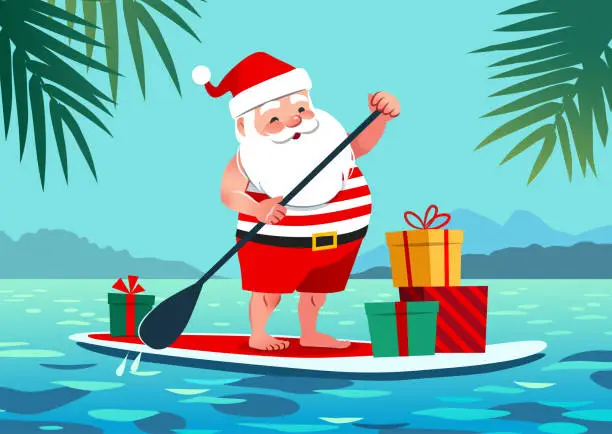Vector illustration of Cute Santa Claus in shorts and t-shirt on a stand up paddle board with gifts, against tropical ocean background with palm trees. Warm weather Christmas celebration, warm climate holiday vacation theme