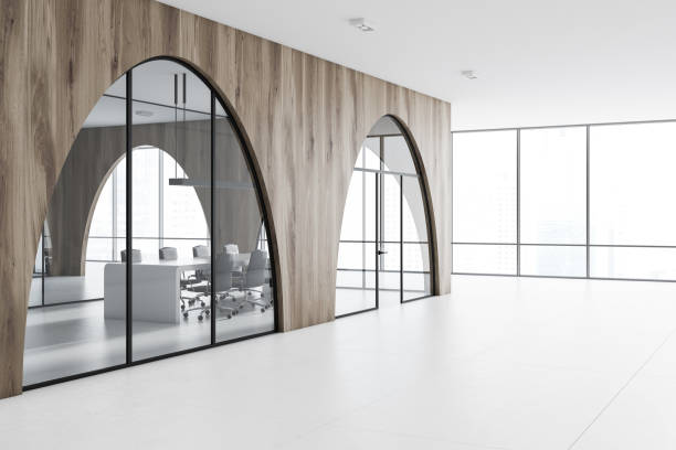 istock Modern office lobby, black walls, arches side view 1018988382