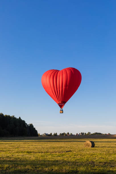 mongolfiera a forma di cuore rosso che sorvola i campi con pagliai - inflating balloon blowing air foto e immagini stock