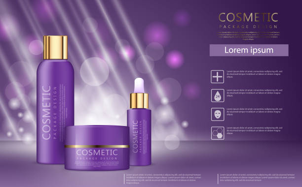 istock Purple and gold skincare set mask bottle isolated on glitter particles background. 1018999900
