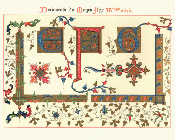 Examples of Medieval decorative art from illuminated manuscripts 14th Century Vintage engraving of Examples of Medieval decorative art from illuminated manuscripts 14th Century.  Illuminated capital letters and floral decoration antique illustration of ornate letter f stock illustrations