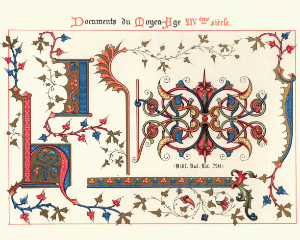 ilustraciones, imágenes clip art, dibujos animados e iconos de stock de ejemplos de artes decorativas medievales de manuscritos iluminados del siglo xiv - text ornate pattern medieval illuminated letter