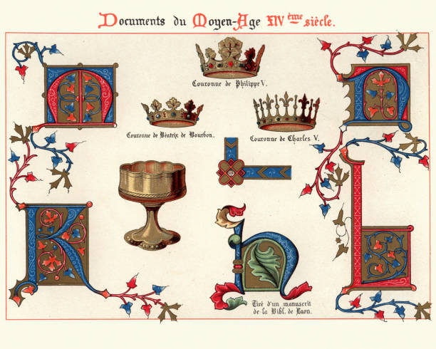 illustrations, cliparts, dessins animés et icônes de art décoratif médiéval de couronnes, lettres, des manuscrits enluminés du xive siècle - text ornate pattern medieval illuminated letter