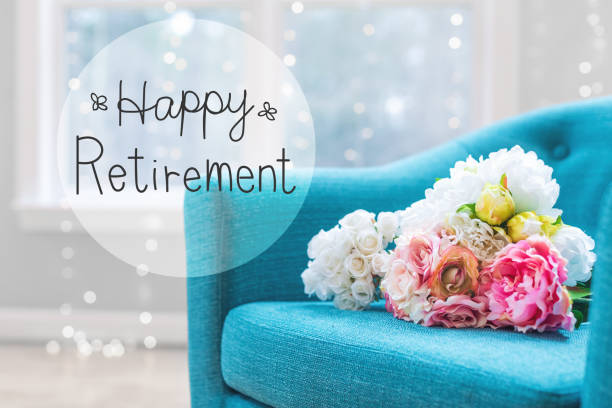 istock Retirement message with flower bouquets with chair 1019006194