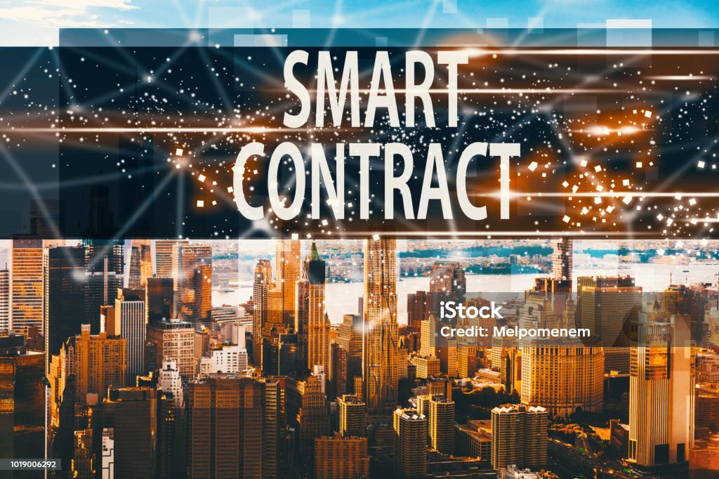 Smart Contract with the Manhattan, NY Smart Contract with the Manhattan, NY skyline Contract Stock Photo