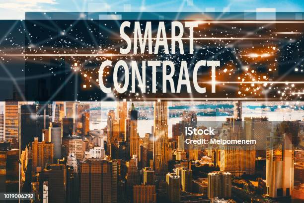 Smart Contract With The Manhattan Ny Stock Photo - Download Image Now - Contract, Intelligence, Blockchain