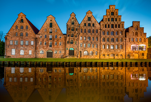 Historic Salt Storehouses Lübeck Brick Buildings Trave River at Night Lubeck Germany