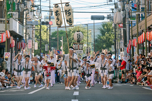 Yamato, Kanagawa Station, Japan - July 29, 2018: Members of Awa Odori team Aunren performing at the 42nd Kanagawa Yamato Awa Odori Dance (The 42nd Kanagawa Yamato Awa Odori Dance) on the street in Yamato City.
