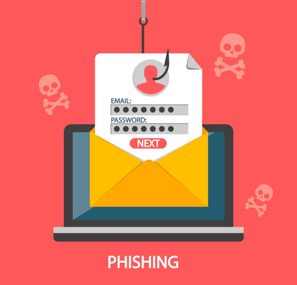 Phishing login and password on fishing hook.Vector Phishing login and password on fishing hook from email envelope on red background with skulls. Concept of Internet and network security. Hacking online scam on laptop. Flat style vector illustration. cartoon fishing hook stock illustrations
