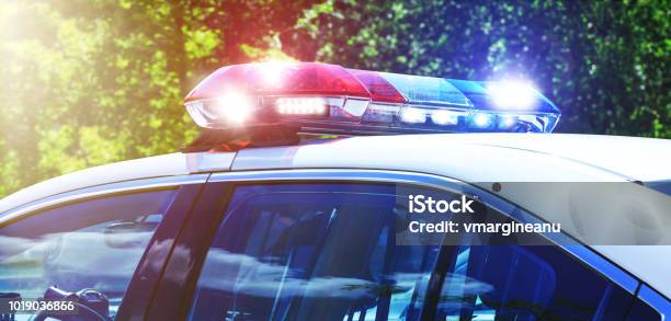 Police Car With Focus On Siren Lights Beautiful Siren Lights Activated In Full Mission Activity Policemen With Patrol Car In Intervention Operation At Crime Place Emergency Lights Flashing On Patrol Car Stock Photo - Download Image Now