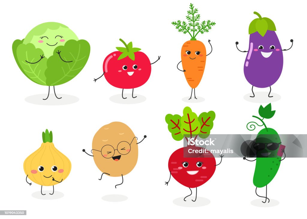Veggie set №1 Set of different cute happy vegetables. Vector flat illustration isolated on white background Vegetable stock vector