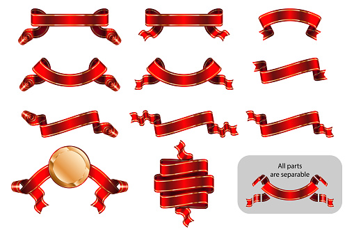 Ribbons and banners set with copy space in shape bending, wave, arc, rise. Solemn heraldic tapes with golden lines. Richly greeting design. Vector isolated realistic illustrations. Version Red B