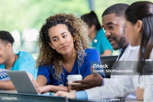 Medical Students Work On A Project Together Stock Photo - Download Image Now - Nurse, Healthcare And Medicine, Medical Student