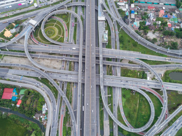 istock Aeriel view highway road intersection for transportation or traffic background. 1019078920
