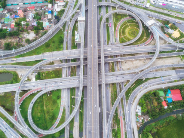 istock Aeriel view highway road intersection for transportation or traffic background. 1019078926