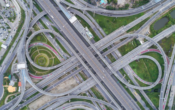 istock Aeriel view highway road intersection for transportation or traffic background. 1019078930