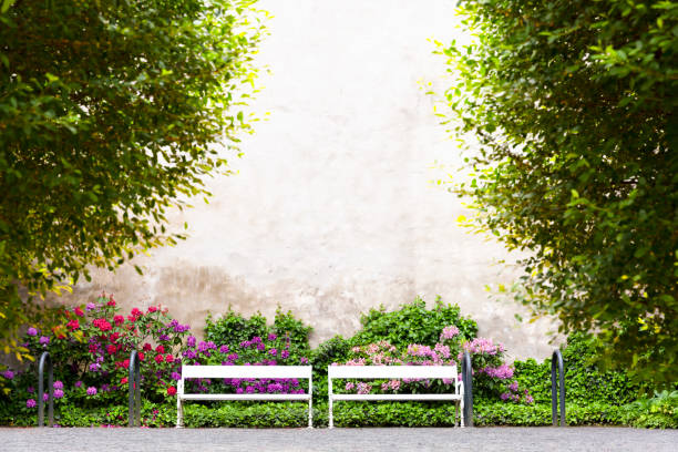 istock Two white benches in the park, background with copy space 1019078992