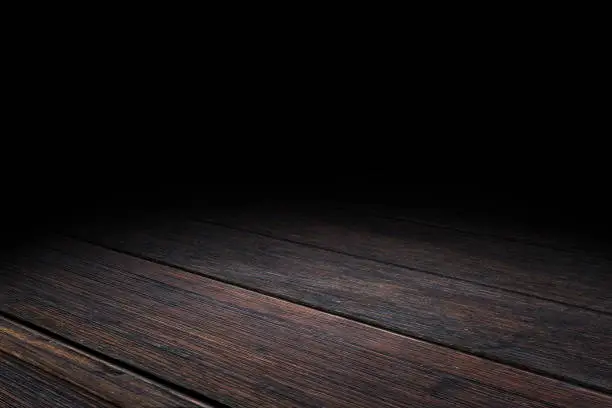 Photo of Dark Plank old wood floor texture perspective background for display or montage of product,Mock up template for your design.