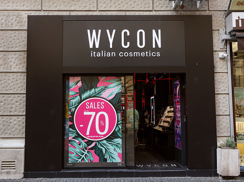 Picture of the Wycon sign on their store in Belgrade, Serbia. Wycon is an international cosmetics company from Italy selling make up, accessories, skin care and suncare