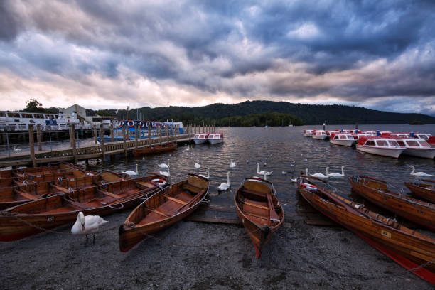 Panoramic view across Lake Windermere at Bowness on Windermere on a summer evening.