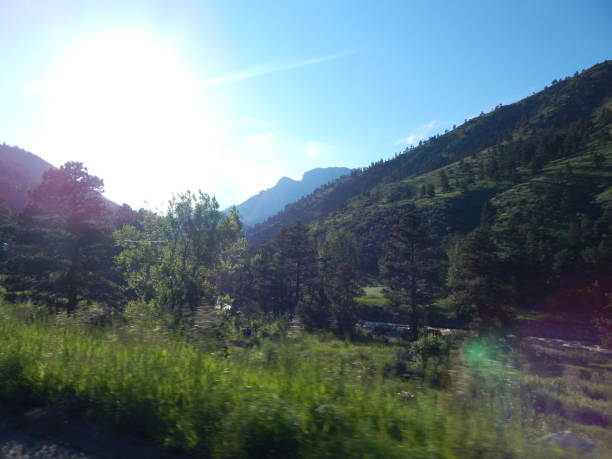 istock Sun Behind Mountains, Pine Trees, Grass, and River 1019136950