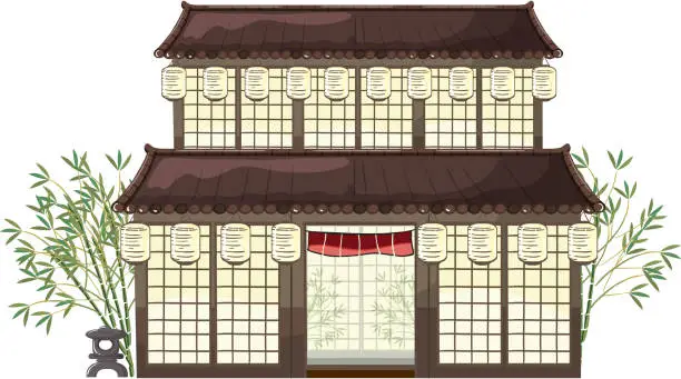 Vector illustration of oriental building with lanterns and bamboo