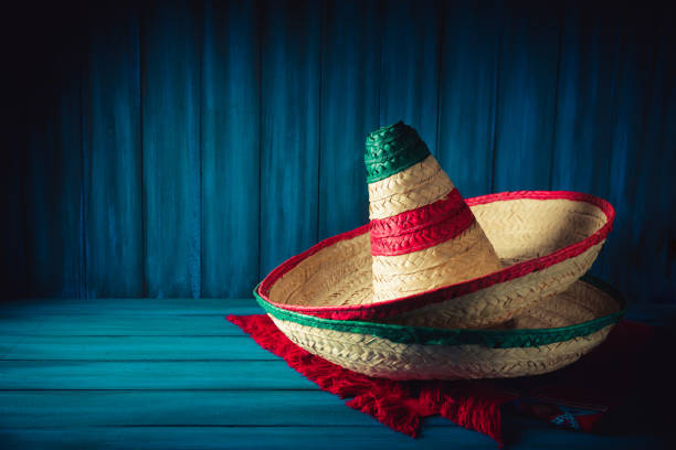 istock Mexican hats and serape on wooden background 1019162144