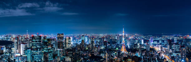 paisagem urbana de tóquio. vista panorâmica. - tokyo at night - fotografias e filmes do acervo
