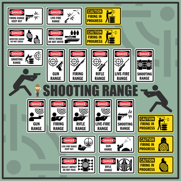 ilustrações, clipart, desenhos animados e ícones de um conjunto de símbolos e sinais de segurança tiro intervalo. faixa de arma, live-fogo, disparando em sinais de progresso. - crosshair gun rifle sight aiming