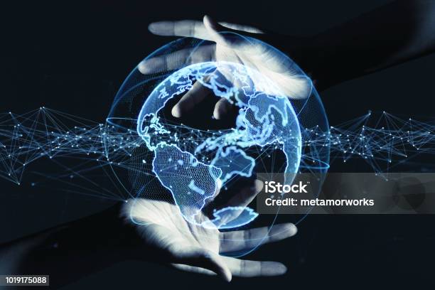 Global Communication Network Concept Stock Photo - Download Image Now - Global Finance, Hand, Globe - Navigational Equipment