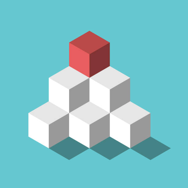 Red cube, pyramid top Isometric red cube on top of pyramid on turquoise blue. Management, recruitment, leadership, development and hierarchy concept. Flat design. Vector illustration, no transparency, no gradients cube shape illustrations stock illustrations