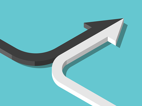 Isometric arrow formed by two merging black and white lines on turquoise blue. Partnership, merger, alliance and integration concept. Flat design. Vector illustration, no transparency, no gradients