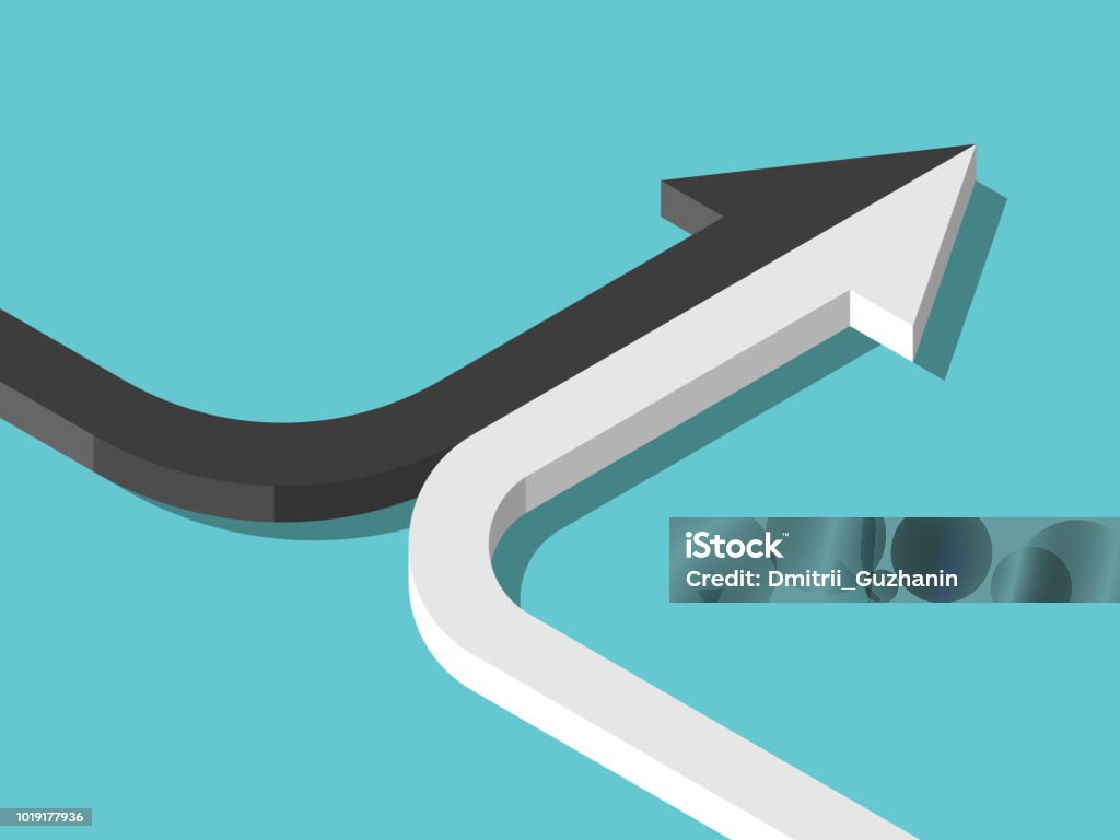 Two arrows forming one Isometric arrow formed by two merging black and white lines on turquoise blue. Partnership, merger, alliance and integration concept. Flat design. Vector illustration, no transparency, no gradients Mergers and Acquisitions stock vector