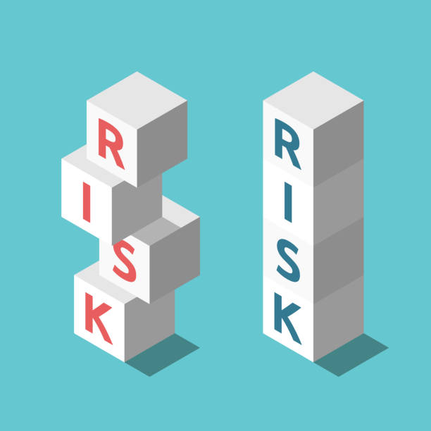 Two risks stacks management Two isometric stacks of cubes, stable and unstable, on turquoise blue background. Risk management, investment and stability concept. Flat design. Vector illustration, no transparency, no gradients business risk stock illustrations