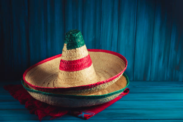 istock Mexican hats and serape on wooden background 1019183878
