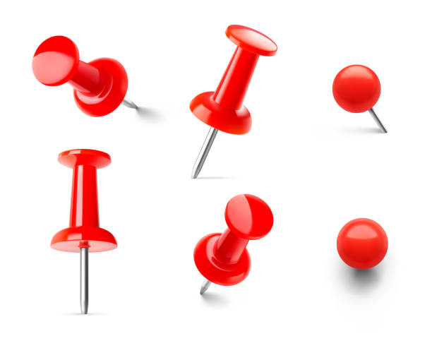 ilustrações de stock, clip art, desenhos animados e ícones de set of red push pins in different angles isolated on white background. - thumbtack