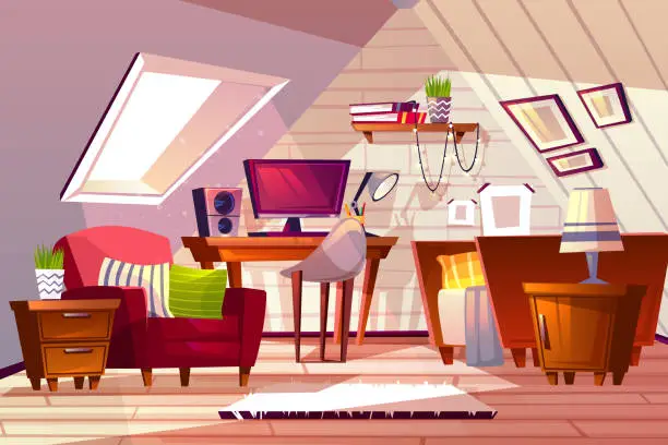 Vector illustration of Girl room at garret attic vector illustration